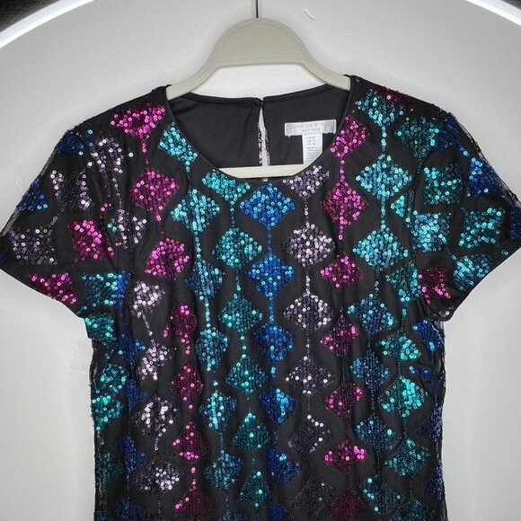 London Times Petites Short Shift Sequin Dress 8P  Multicolor Short Sleeve NWT - Picture 3 of 8